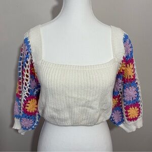 White Knit crop top Multicolor Crochet Sleeves Large